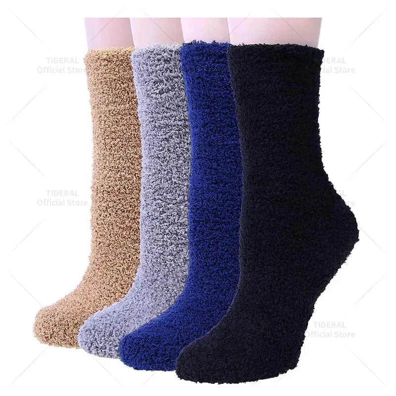 4 Pairs Women Winter Warm Fuzzy Socks Thick Thermal Solid Soft Fluffy Socks Cute Fashion Slipper Home Floor Sleeping Socks