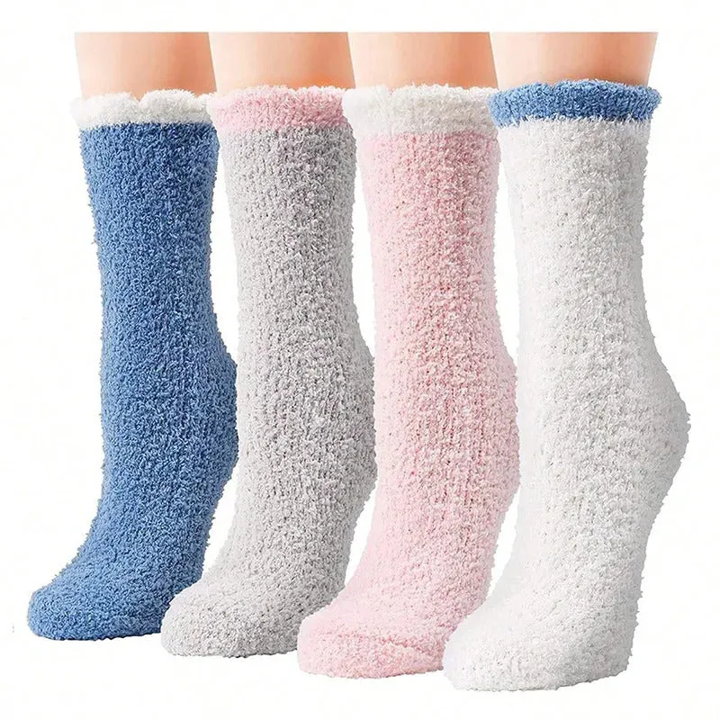 4 Pairs Women Winter Warm Fuzzy Socks Thick Thermal Solid Soft Fluffy Socks Cute Fashion Slipper Home Floor Sleeping Socks