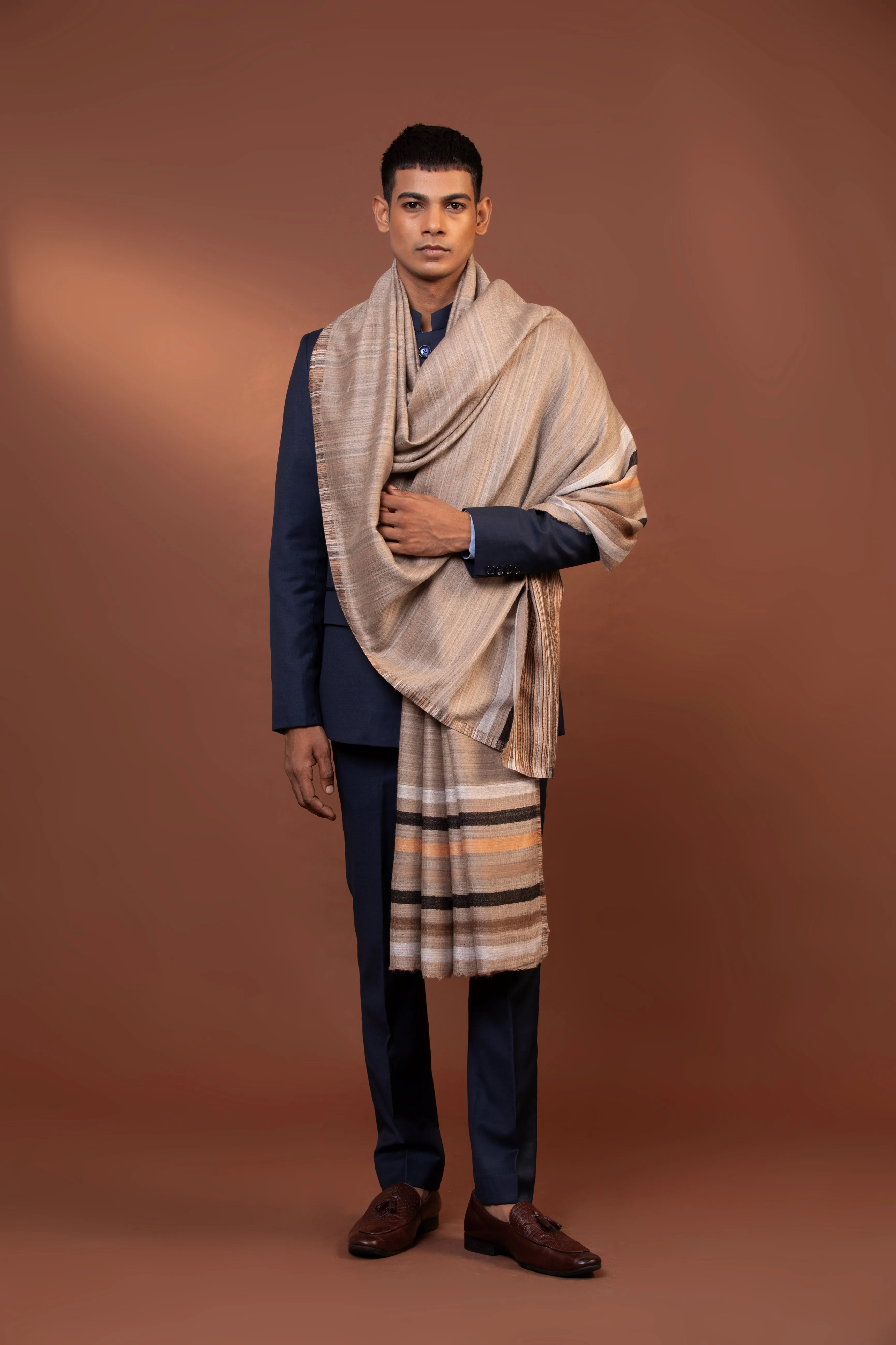 Beige Fine Wool Shawl with Striped Woven Border and Elegant Design