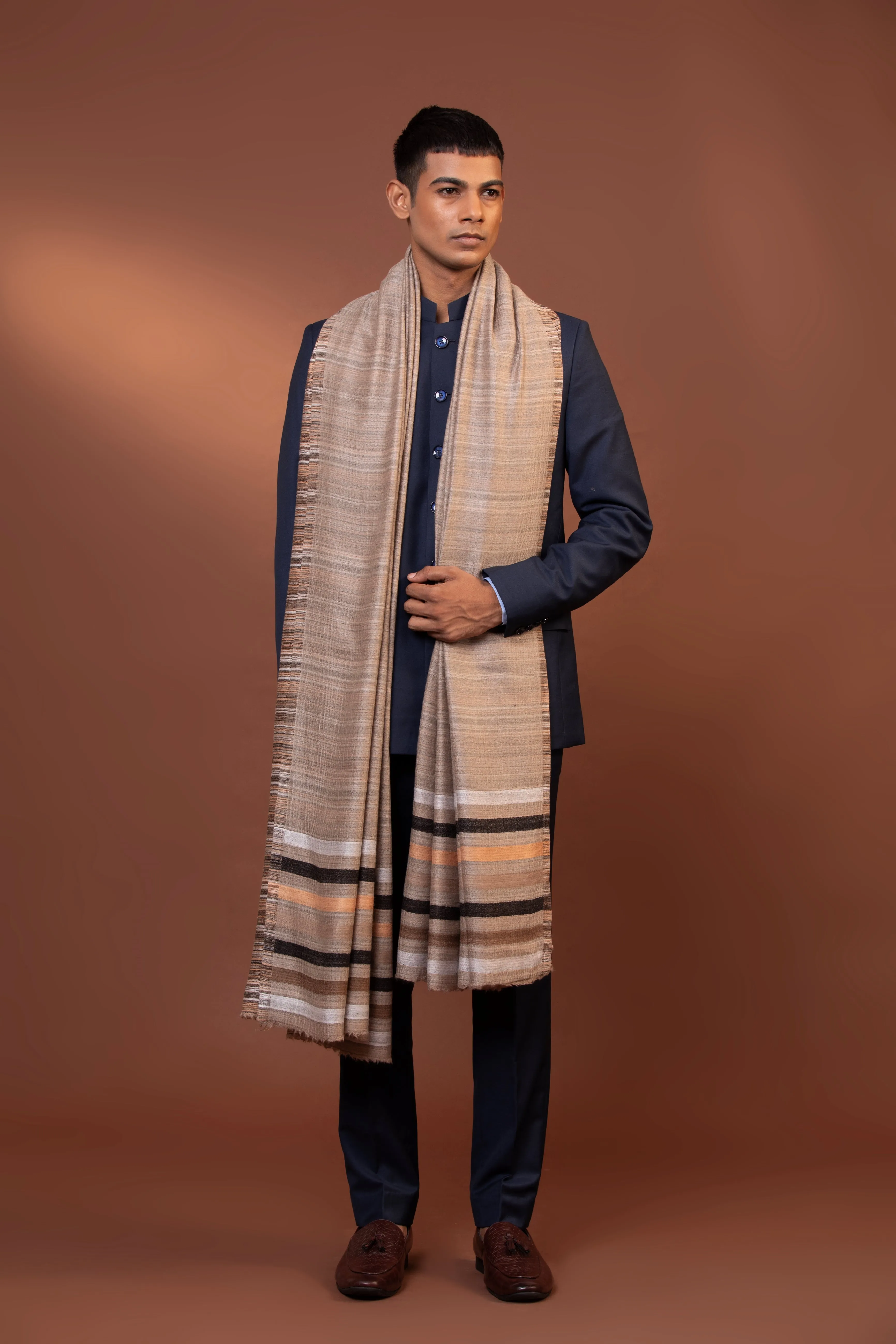 Beige Fine Wool Shawl with Striped Woven Border and Elegant Design