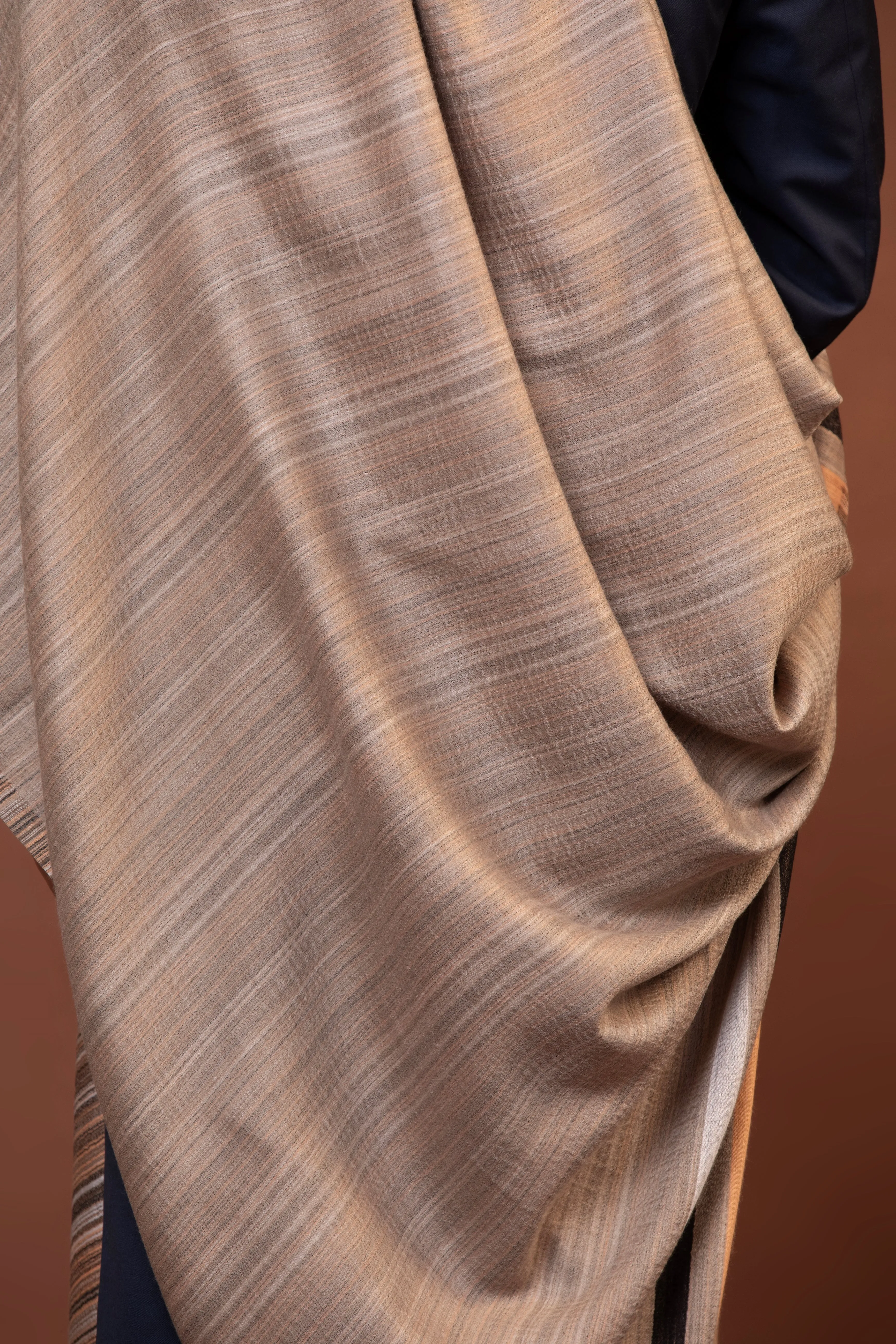 Beige Fine Wool Shawl with Striped Woven Border and Elegant Design