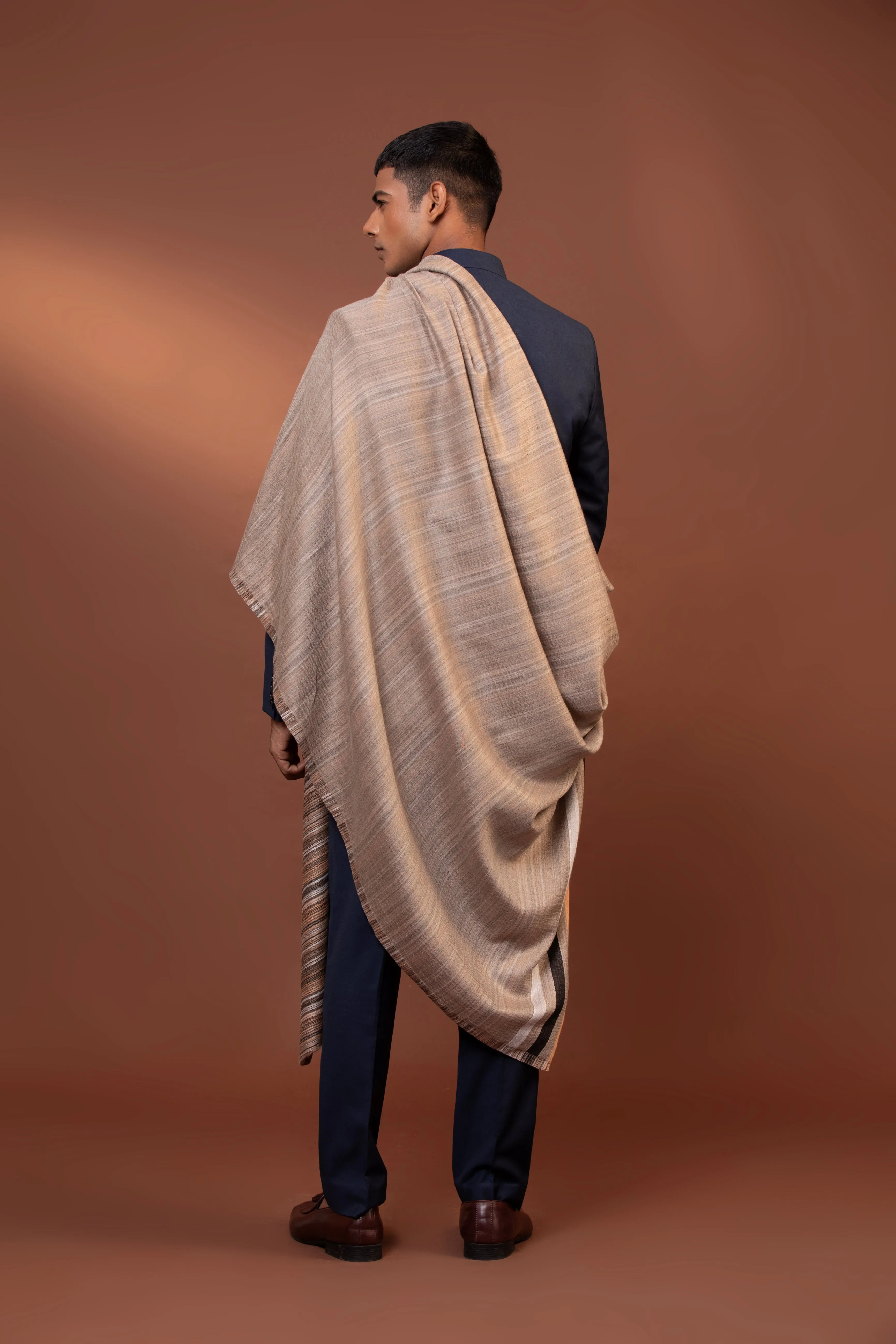 Beige Fine Wool Shawl with Striped Woven Border and Elegant Design