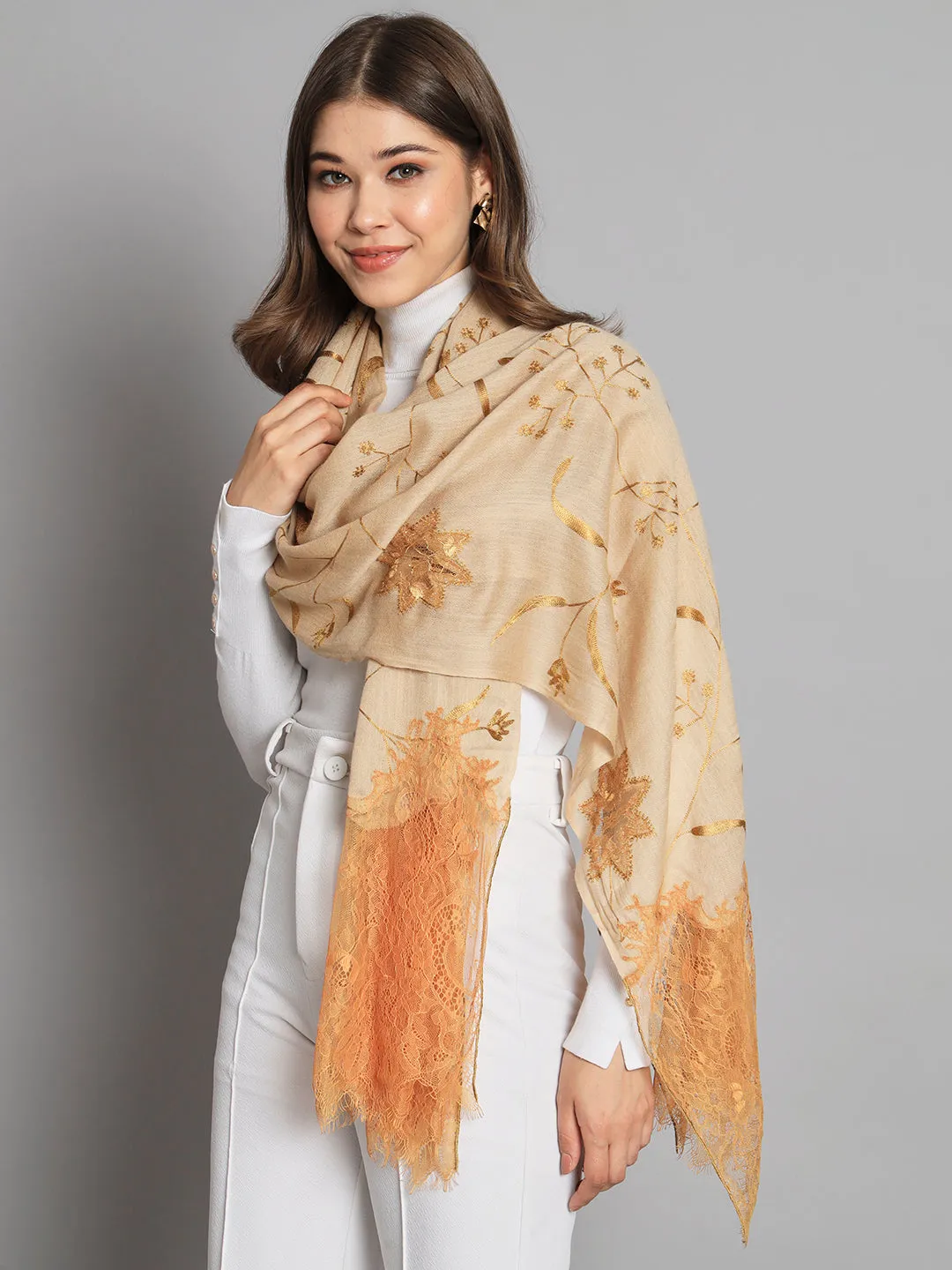 Biege Shawl for women with lace and floral cutwork pattern