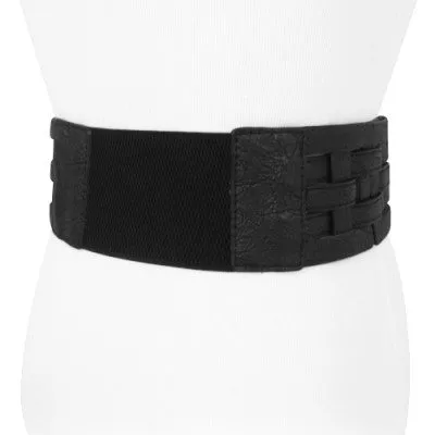 Black Leather Woven Elastic Women's Belt