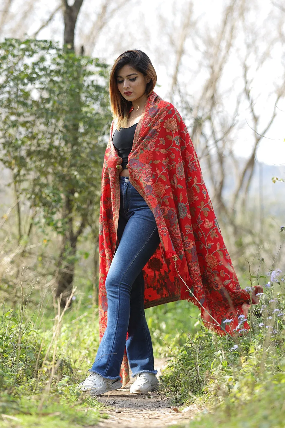 Charismatic Traditional Red Colour Designer Shawl With Beautifully Highlighted With Floral pattern A Sure to Give You Warm Look.