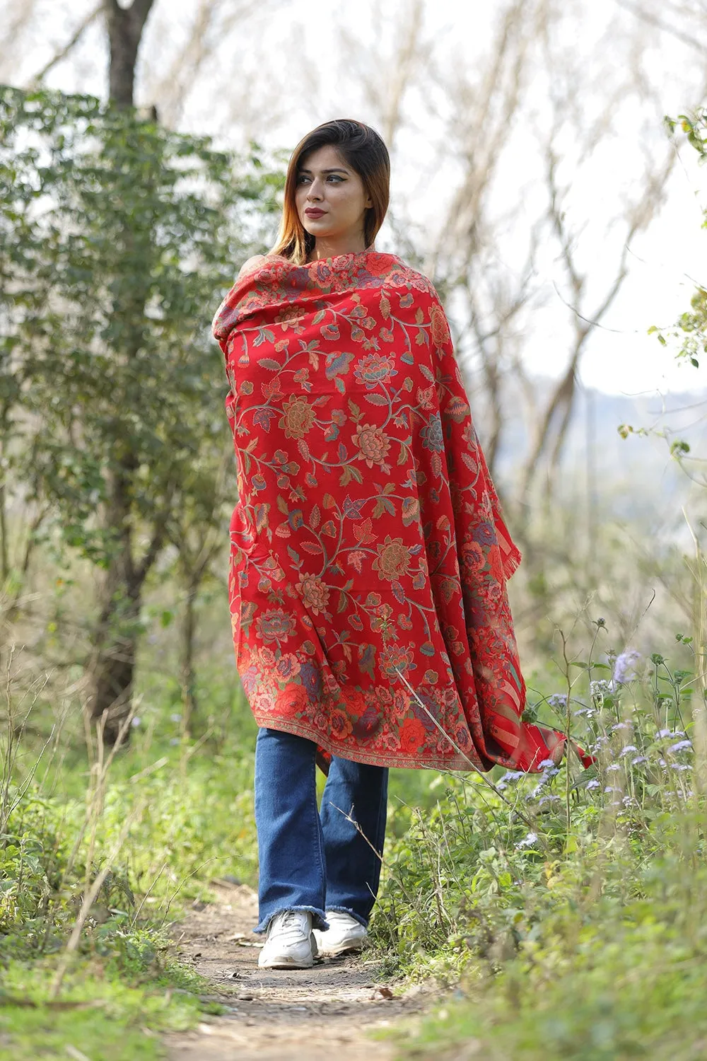 Charismatic Traditional Red Colour Designer Shawl With Beautifully Highlighted With Floral pattern A Sure to Give You Warm Look.