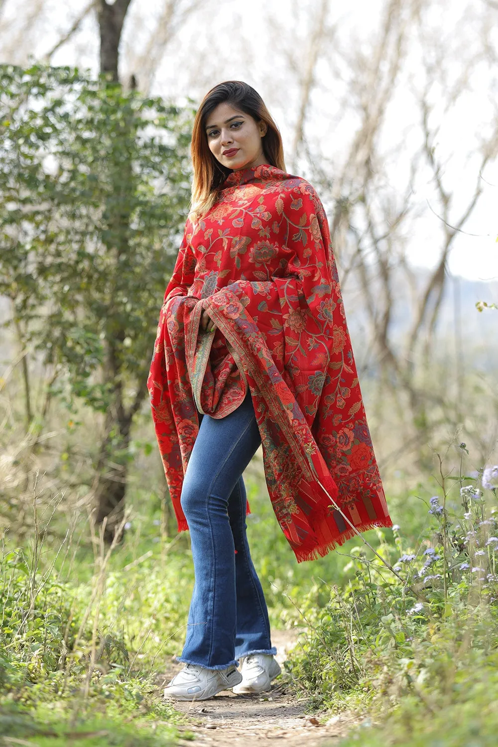 Charismatic Traditional Red Colour Designer Shawl With Beautifully Highlighted With Floral pattern A Sure to Give You Warm Look.