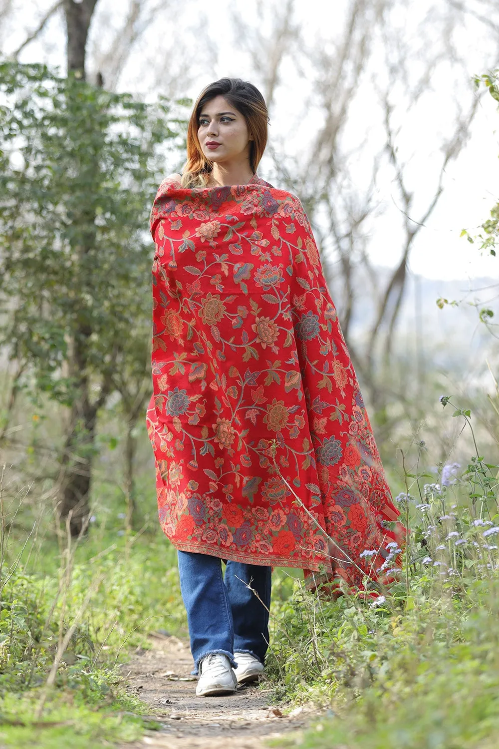 Charismatic Traditional Red Colour Designer Shawl With Beautifully Highlighted With Floral pattern A Sure to Give You Warm Look.