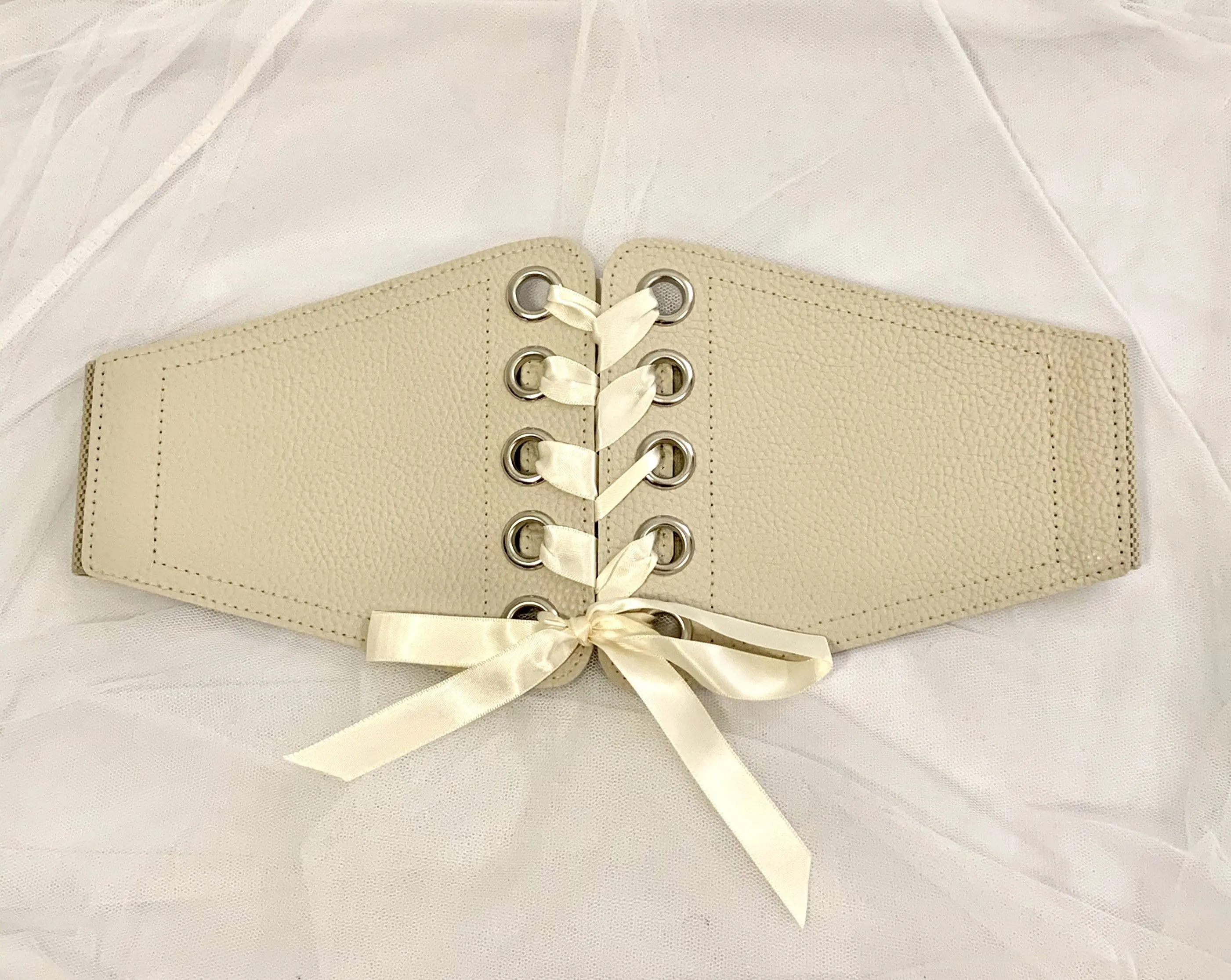 Corset cincher belt with ribbon cream