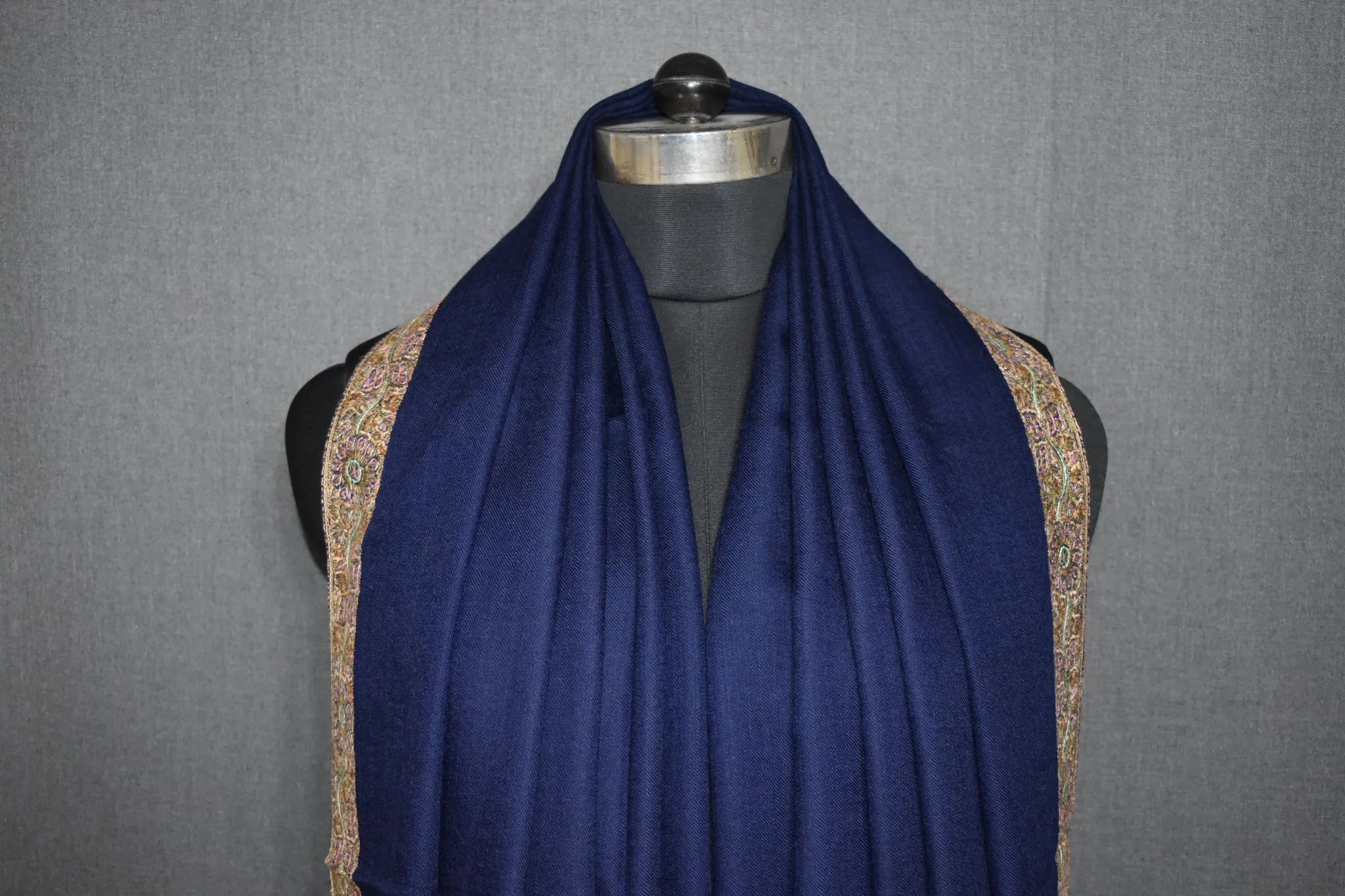 Embroidered shawl fine wool blue 40x80 inch