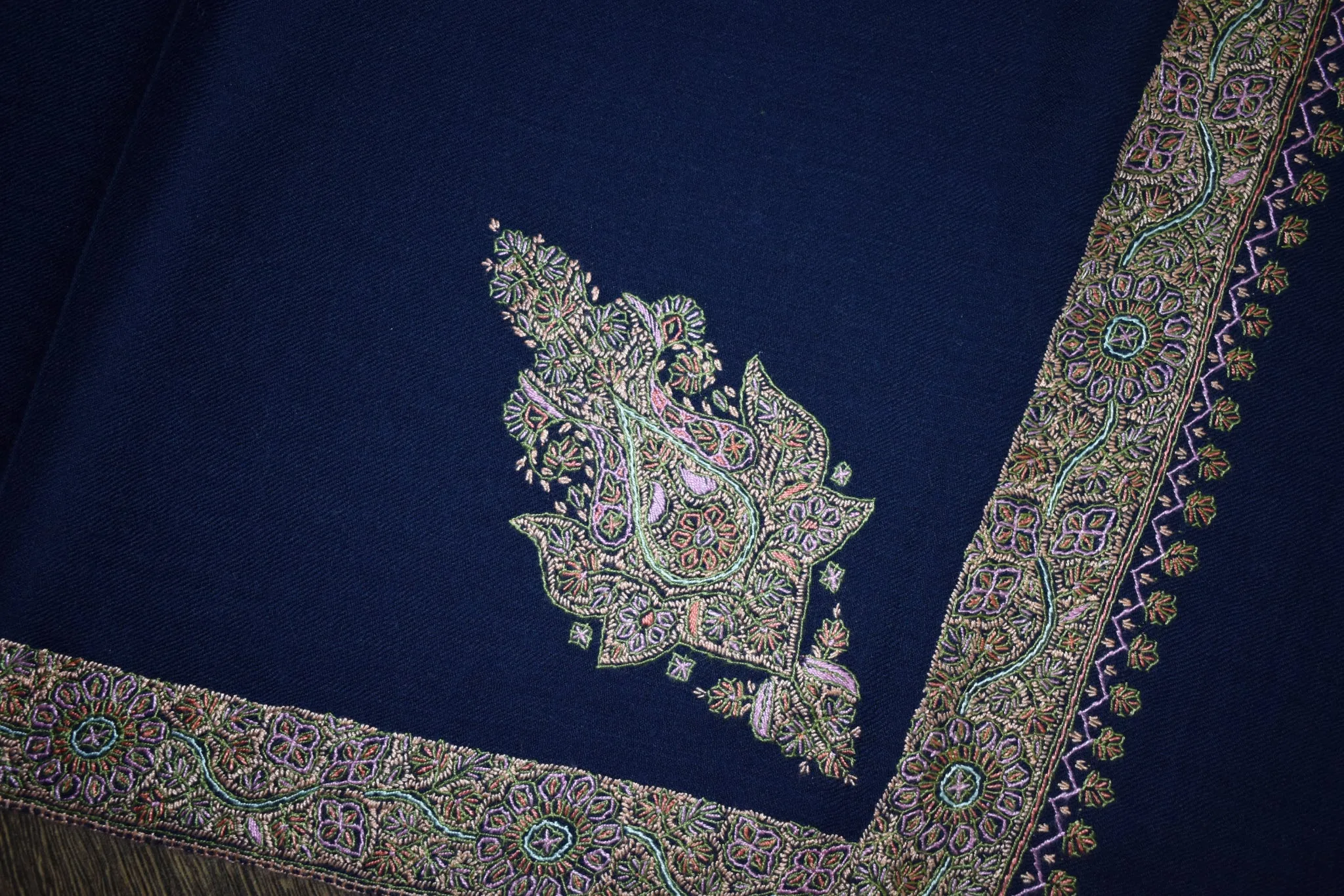 Embroidered shawl fine wool blue 40x80 inch