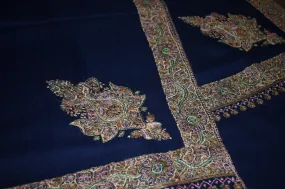 Embroidered shawl fine wool blue 40x80 inch