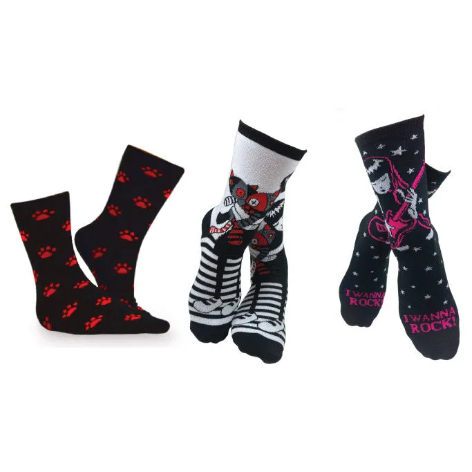 Emily the Strange Girl's Cute Fun Colorful Cat Crew Socks - 3 Pair (Kids Size)