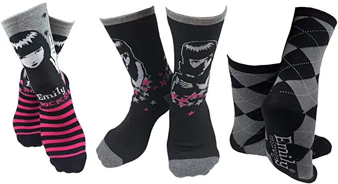 Emily the Strange Girl's Cute Fun Colorful Cat Crew Socks - 3 Pair (Kids Size)