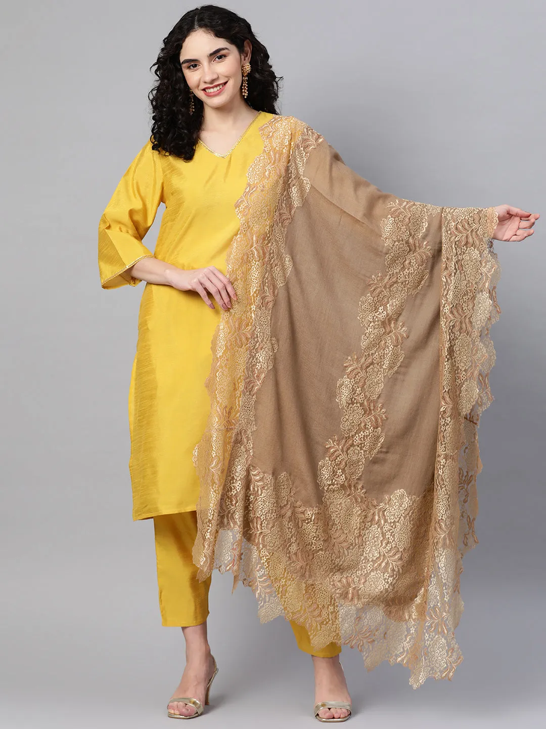 Golden Shawl with  lace, winter shawls for women