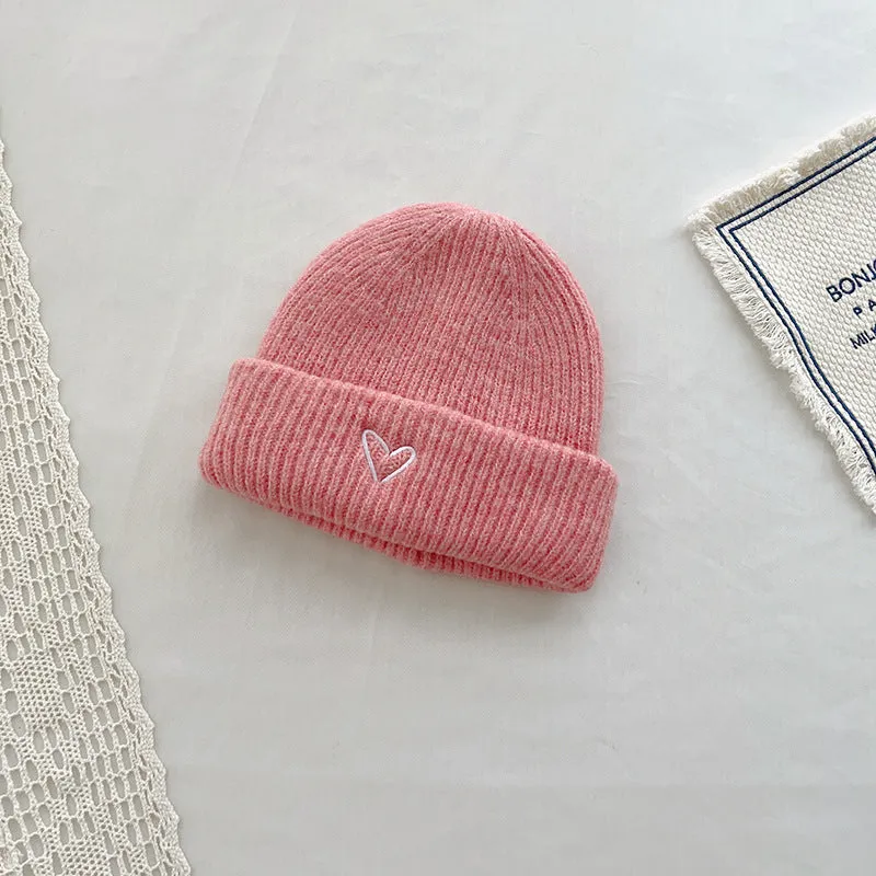 Heart Embroidery Solid Color Children Woolen Knitted Hat