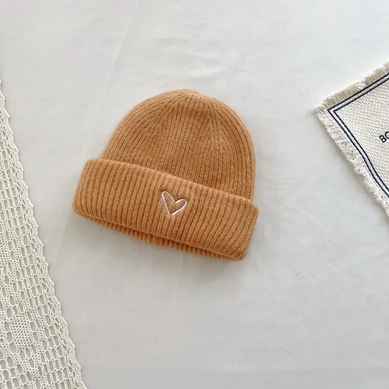 Heart Embroidery Solid Color Children Woolen Knitted Hat