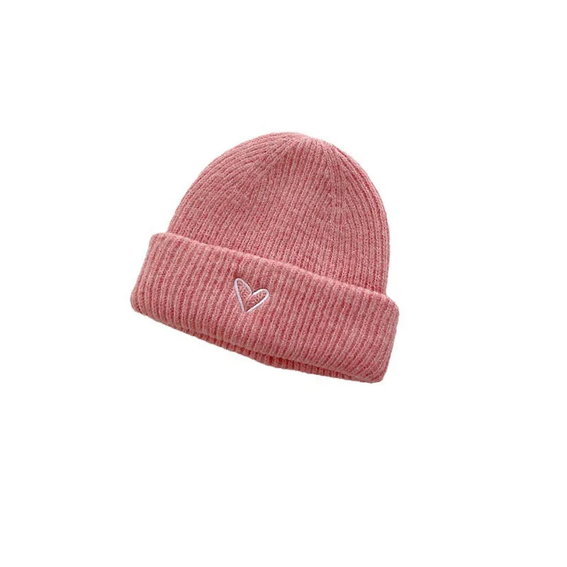 Heart Embroidery Solid Color Children Woolen Knitted Hat