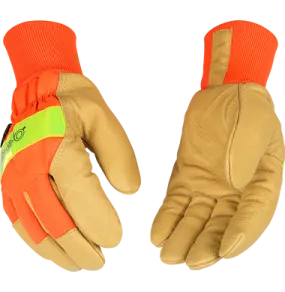 Kinco 1938KW Hi-vis Nylon Fabric Back, Golden Grain Pigskin Palm Lined Knit Wrist Thermal Insulation Gloves (One Dozen)