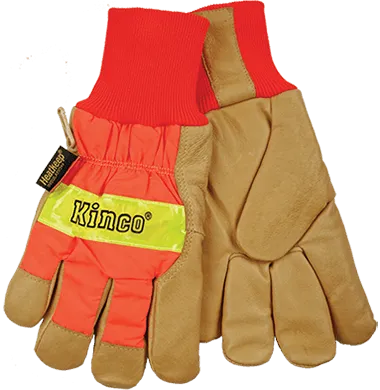 Kinco 1938KW Hi-vis Nylon Fabric Back, Golden Grain Pigskin Palm Lined Knit Wrist Thermal Insulation Gloves (One Dozen)