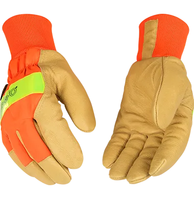 Kinco 1938KW Hi-vis Nylon Fabric Back, Golden Grain Pigskin Palm Lined Knit Wrist Thermal Insulation Gloves (One Dozen)