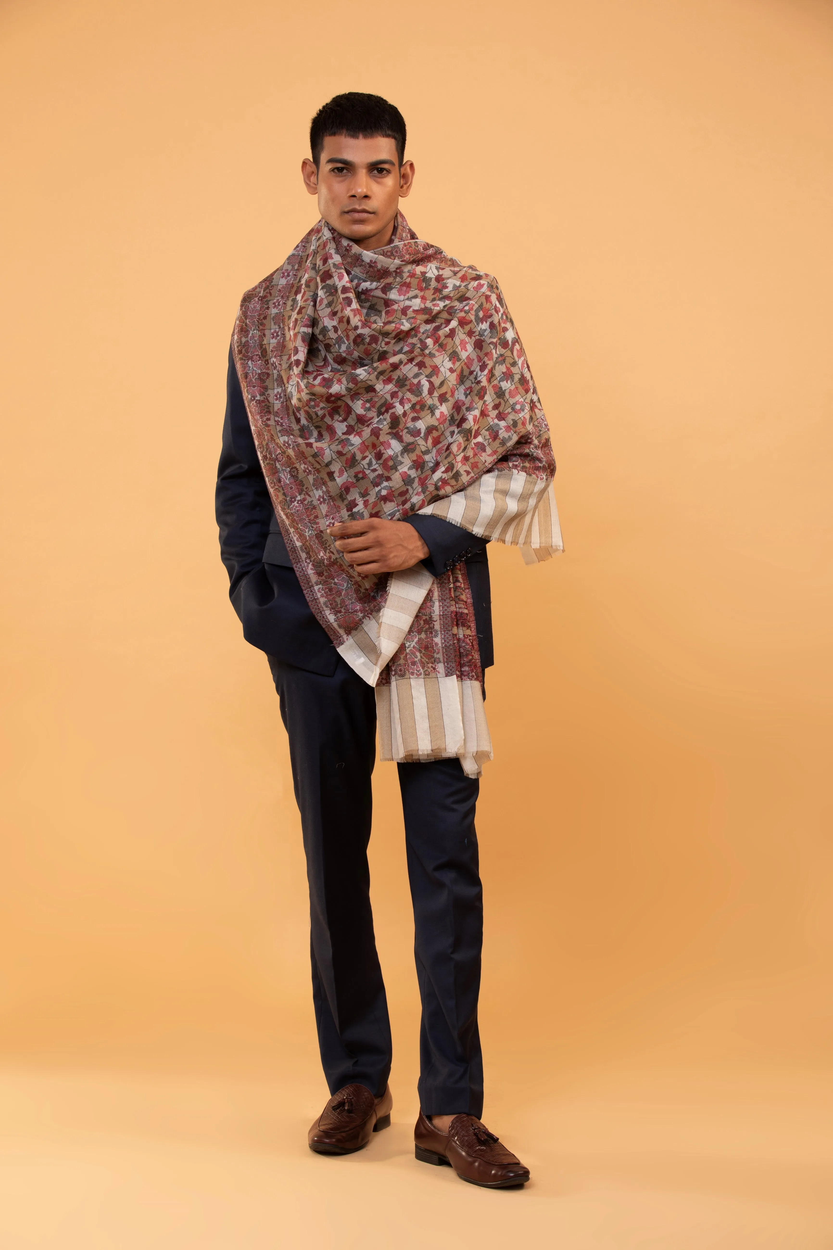 Men’s Fine Wool Ethnic Stole with Woven Florals and Paisleys in Musk