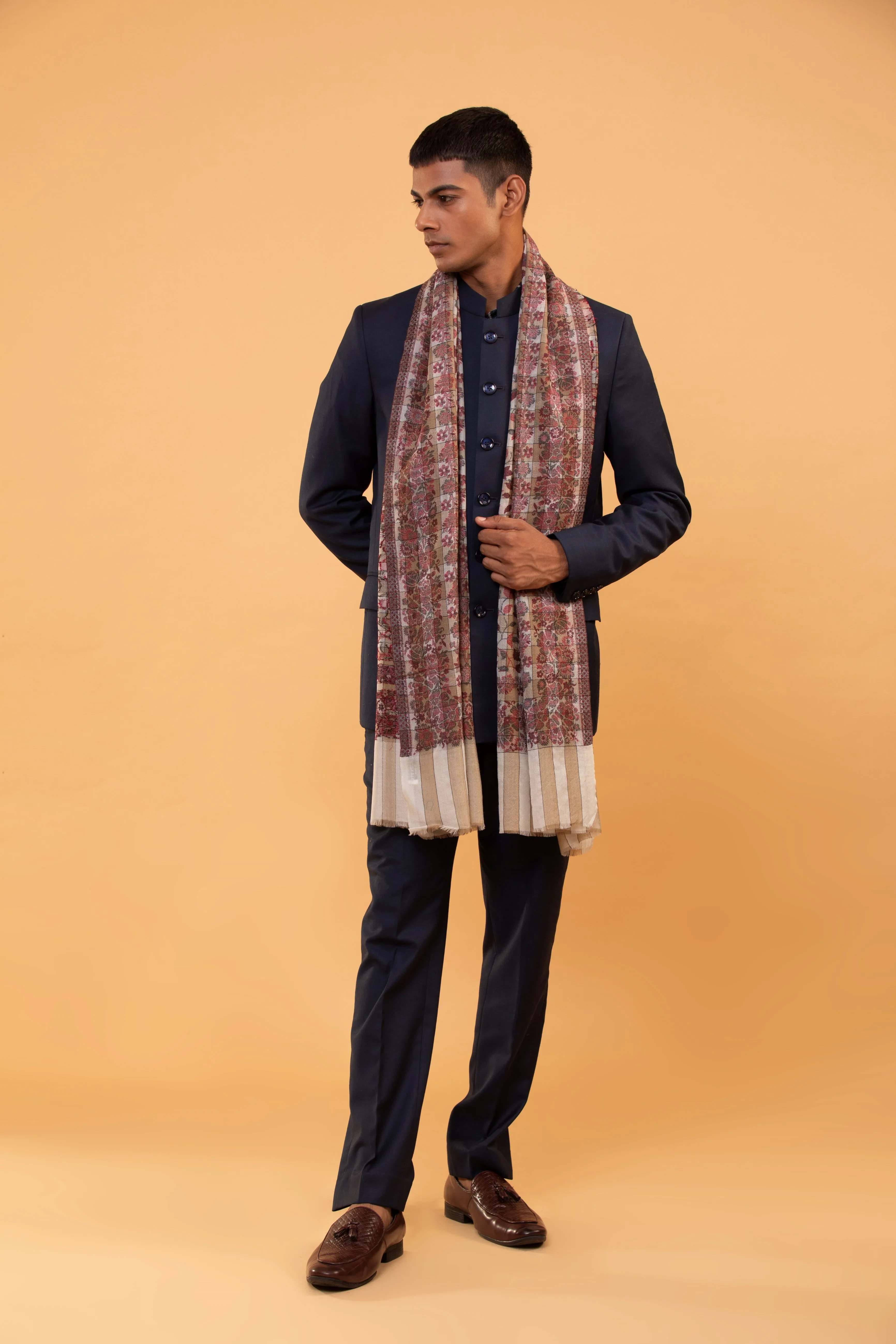 Men’s Fine Wool Ethnic Stole with Woven Florals and Paisleys in Musk