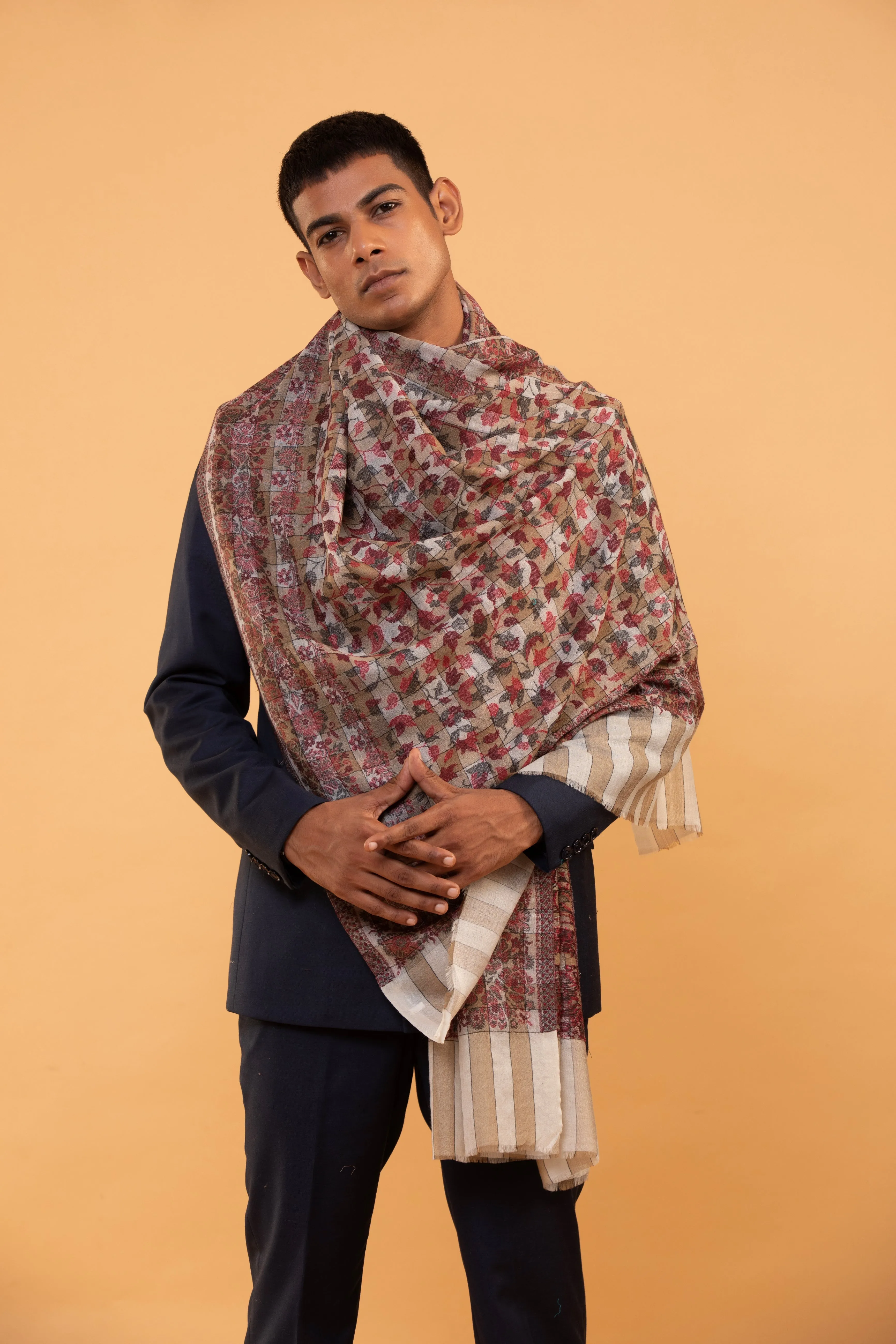 Men’s Fine Wool Ethnic Stole with Woven Florals and Paisleys in Musk