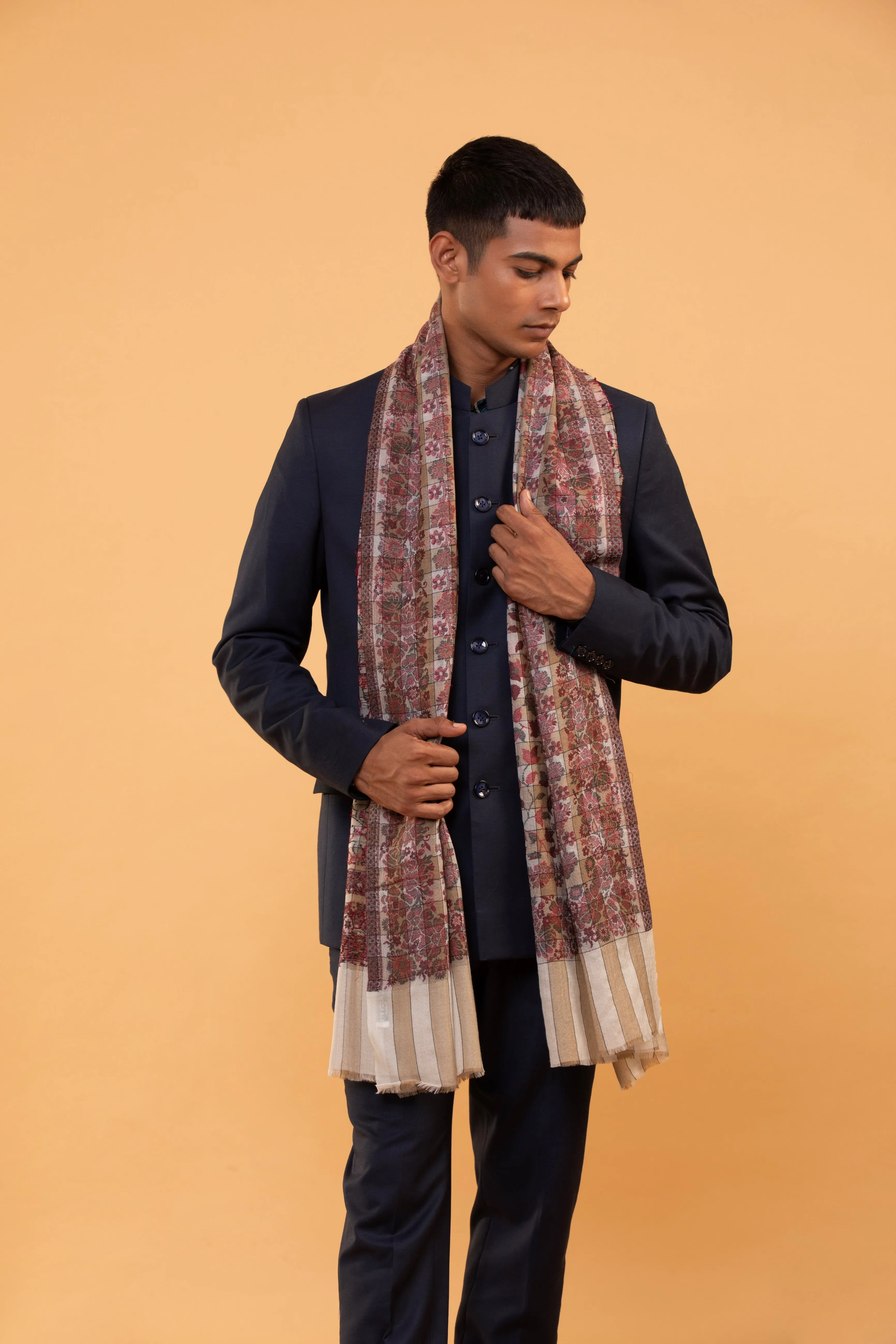 Men’s Fine Wool Ethnic Stole with Woven Florals and Paisleys in Musk