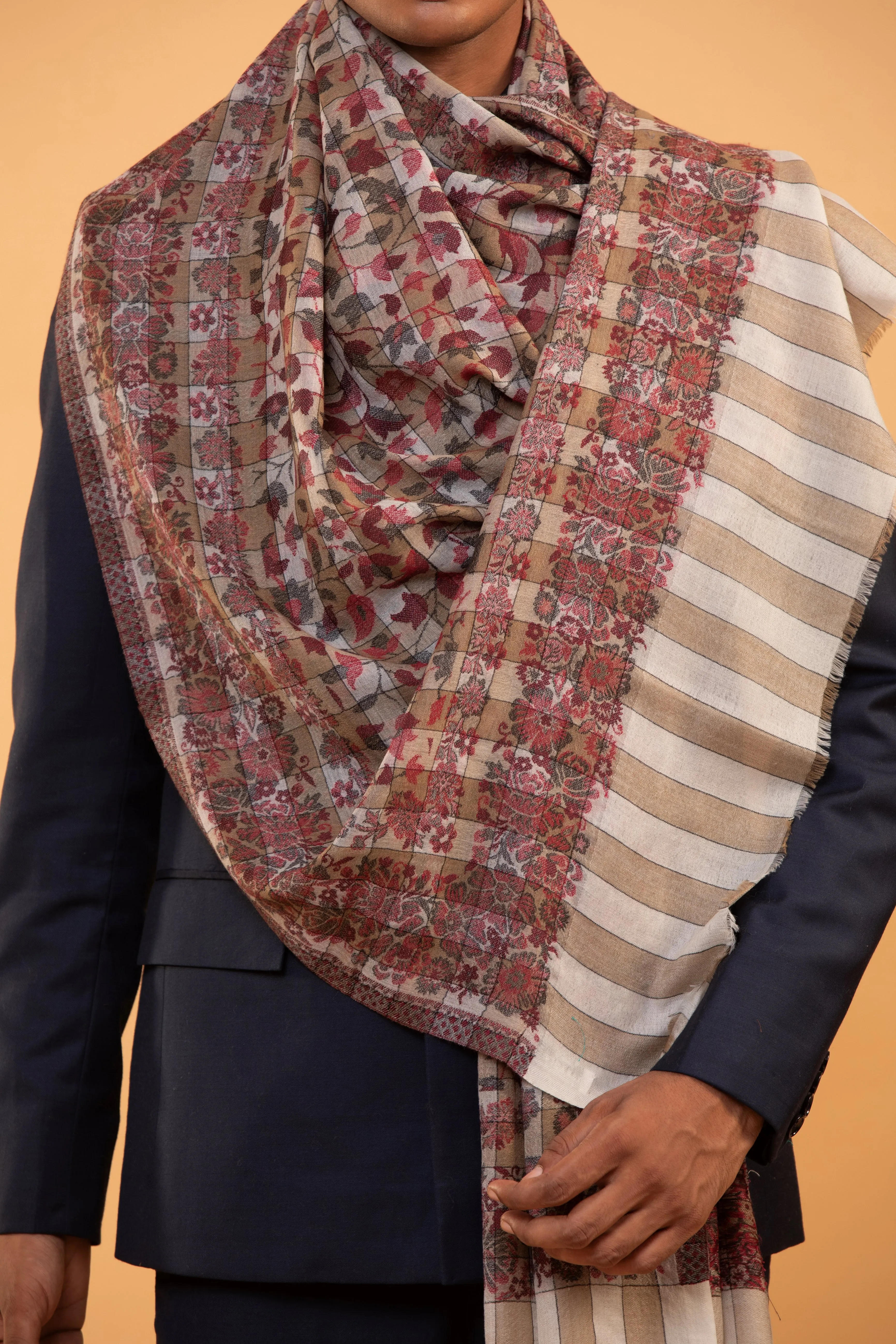 Men’s Fine Wool Ethnic Stole with Woven Florals and Paisleys in Musk