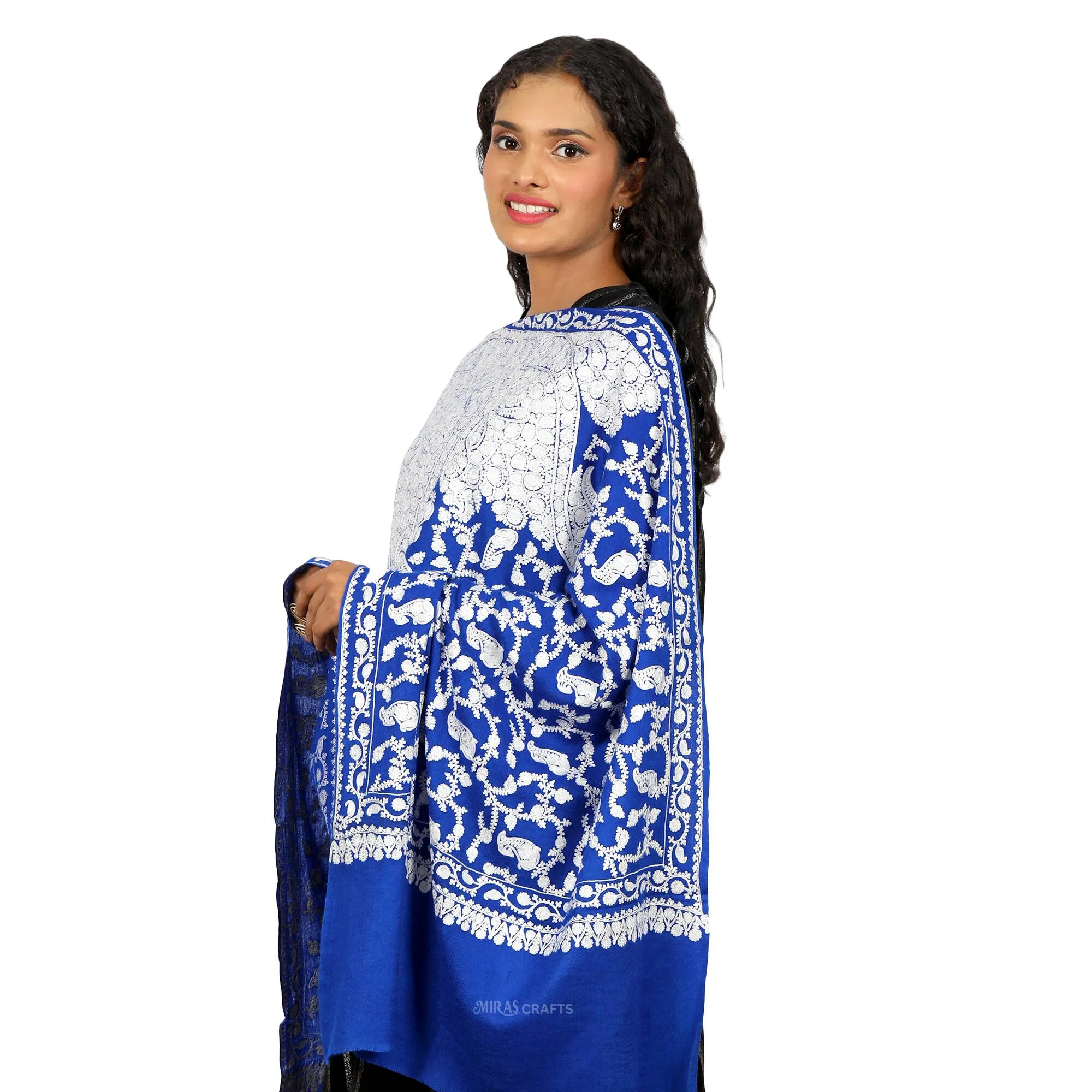 Miras Crafts Women's Fine Ari Kashmiri Hand Embroidery Stole, 100% pure Pashmina, Soft and Warm, -  - INDIGO