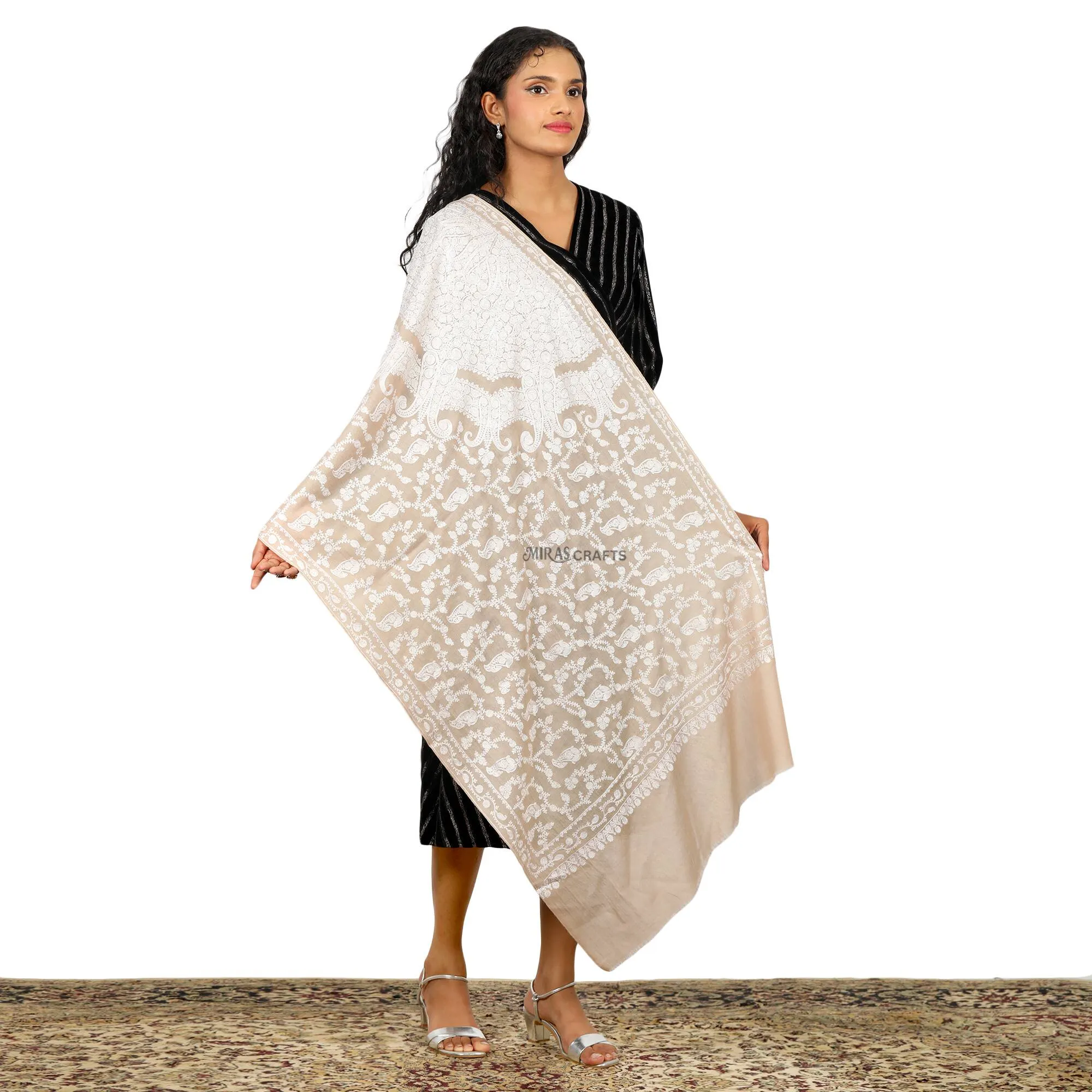 Miras Crafts Women's Fine Ari Kashmiri Hand Embroidery Stole, 100% pure Pashmina, Soft and Warm, - - IVORY