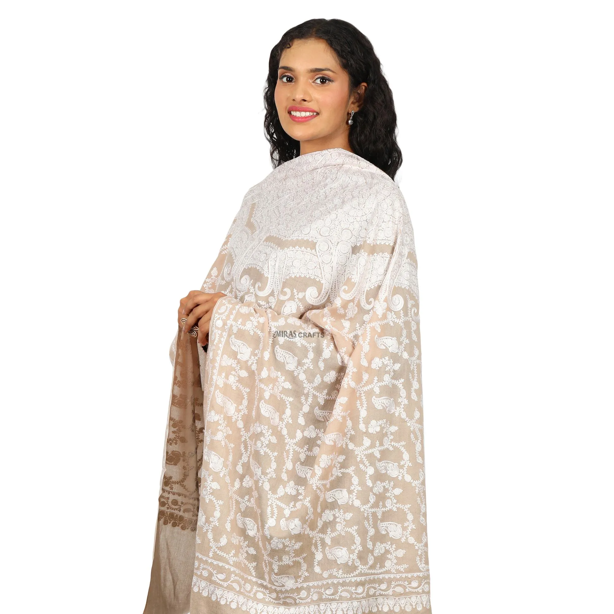 Miras Crafts Women's Fine Ari Kashmiri Hand Embroidery Stole, 100% pure Pashmina, Soft and Warm, - - IVORY