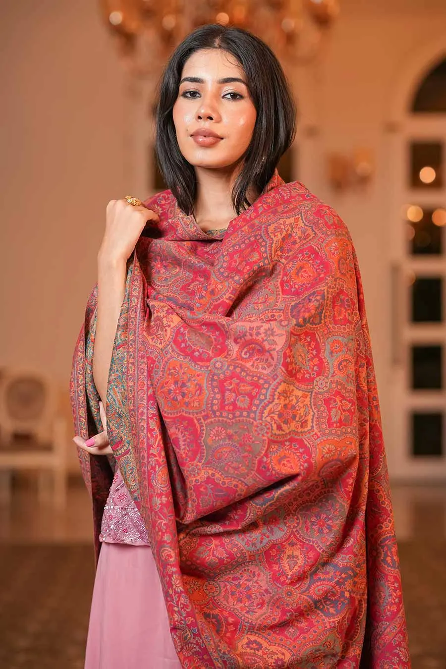 Pink Ethnic Weave Fine Wool Shawl