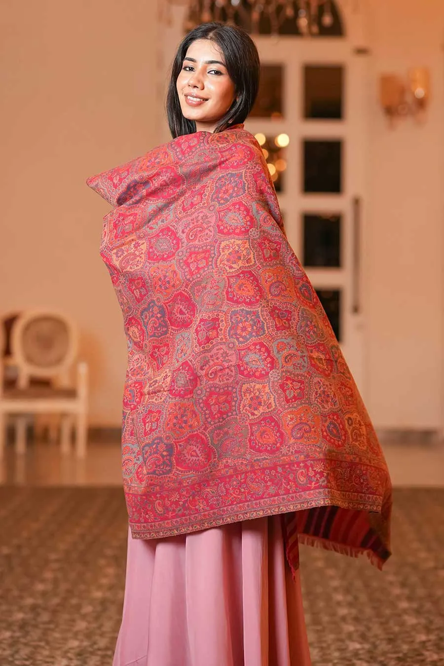 Pink Ethnic Weave Fine Wool Shawl