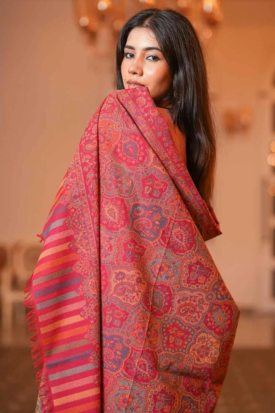 Pink Ethnic Weave Fine Wool Shawl