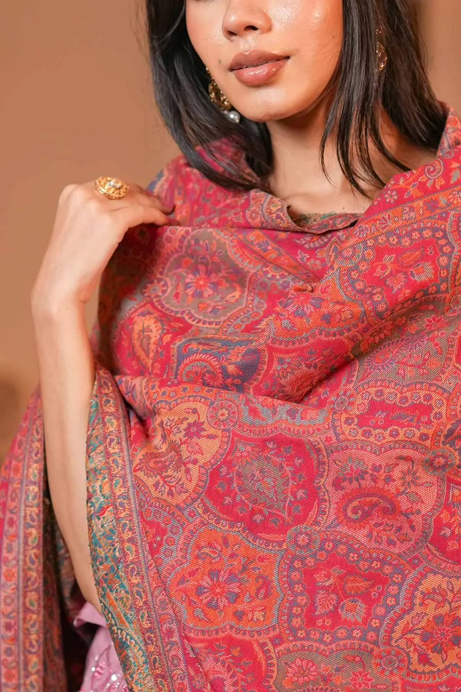 Pink Ethnic Weave Fine Wool Shawl