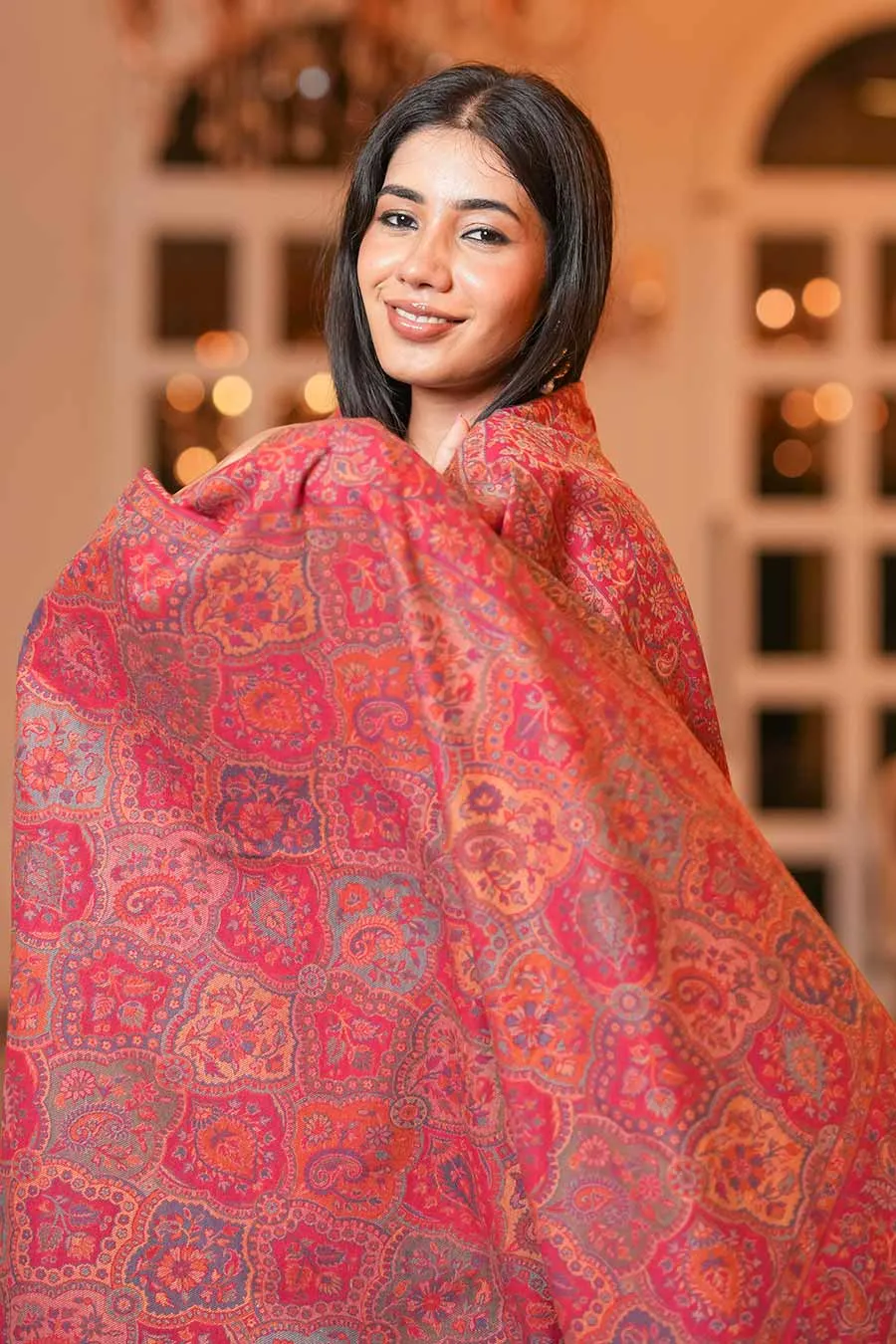 Pink Ethnic Weave Fine Wool Shawl