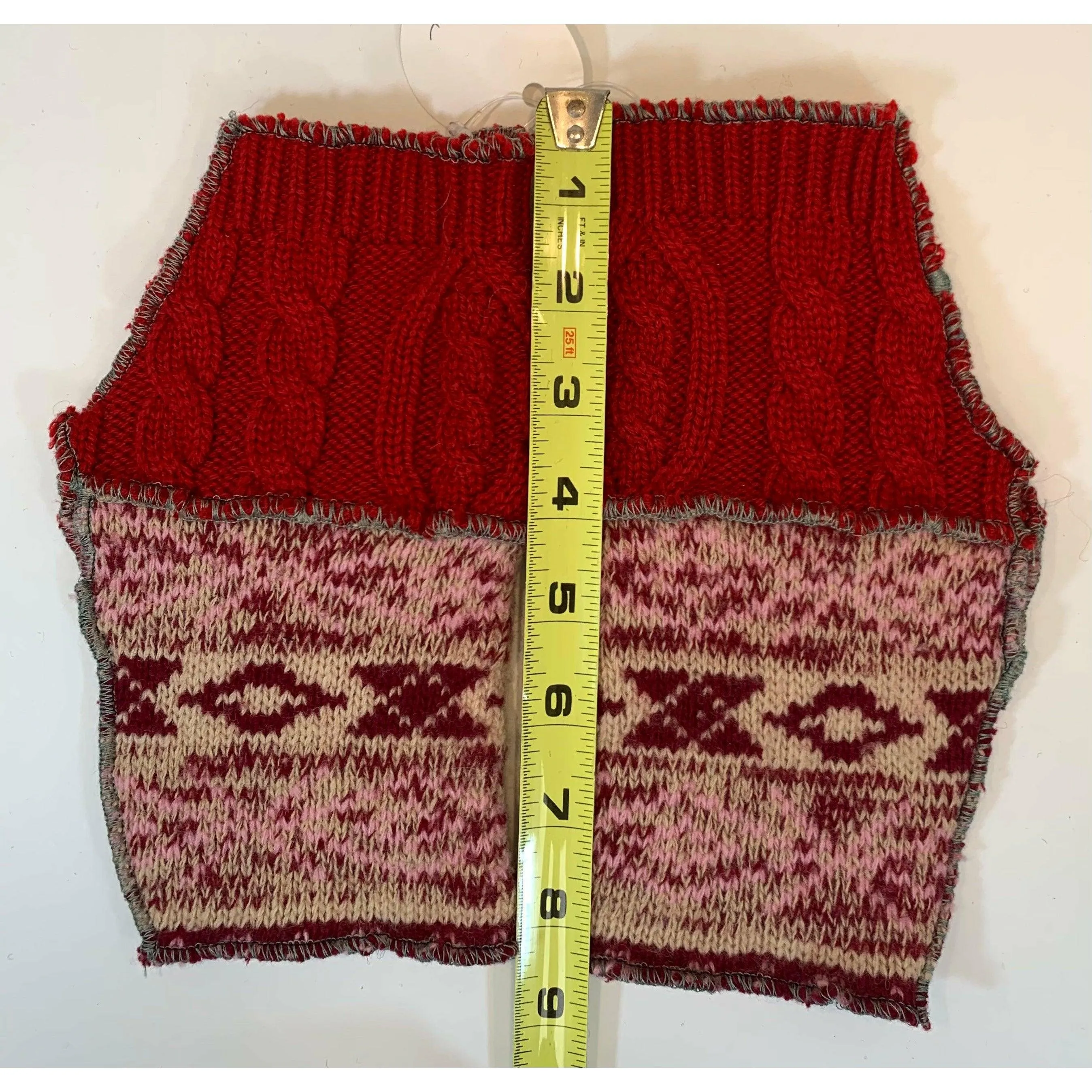 Recycled knit Scandinavian pattern sweater fingerless gloves in reds, pink n white n cables. Wear for fun, school, cashiers, fingers free.